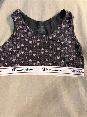 Champion Black Sports Bra with Pink Logo Print and White Band